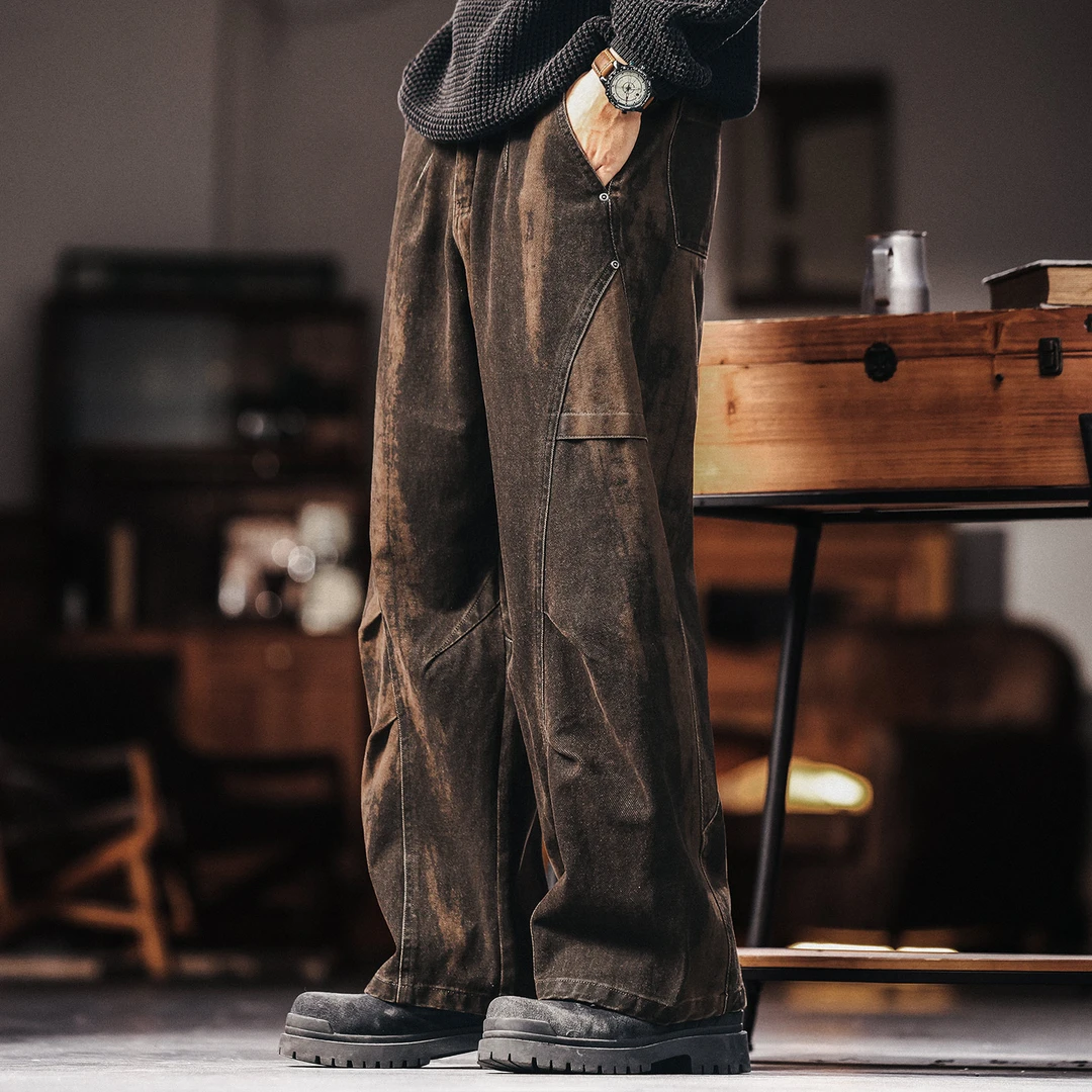 格蓝鹿美式复古重工水洗扎染工装牛仔裤男款秋季阔腿弯刀休闲裤子