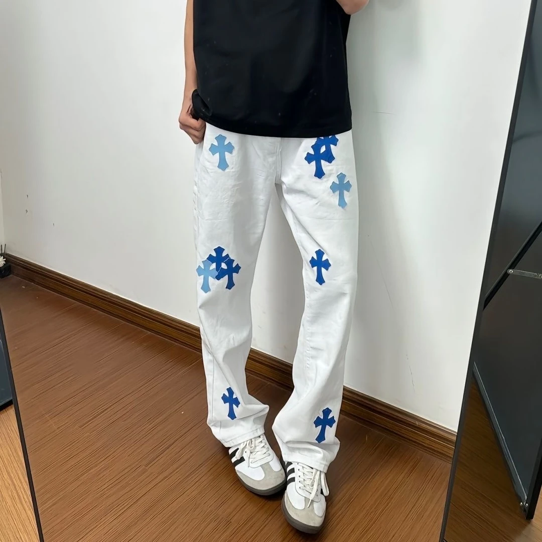 克罗心【热门爆款克罗假日】白色牛仔裤男女夏季薄款贴皮十字架破洞
