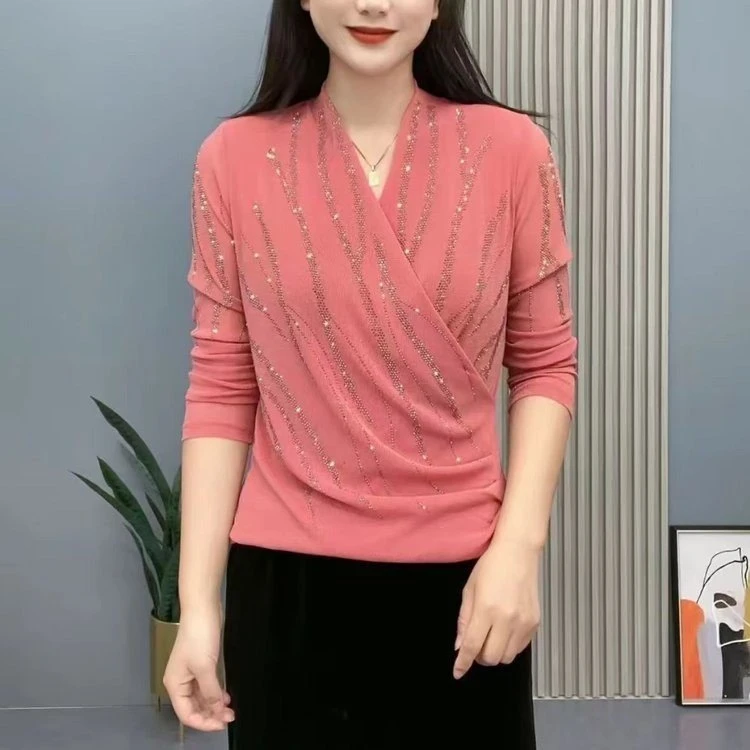 秋季新款交叉领简约妈妈装纯色烫钻柳条洋气长袖女百搭打底衫上衣