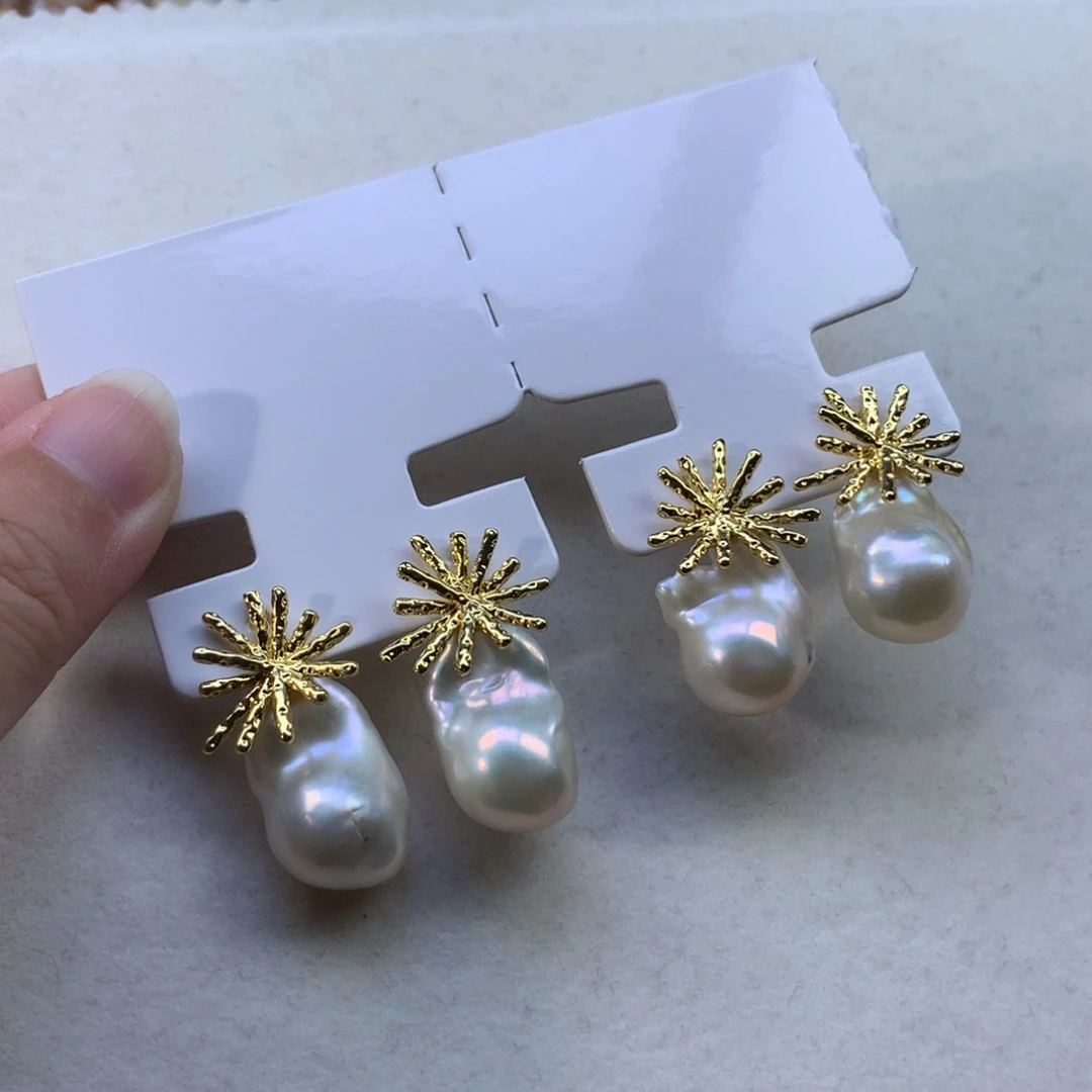 合金淡水珍珠耳环福利烟花金色1对