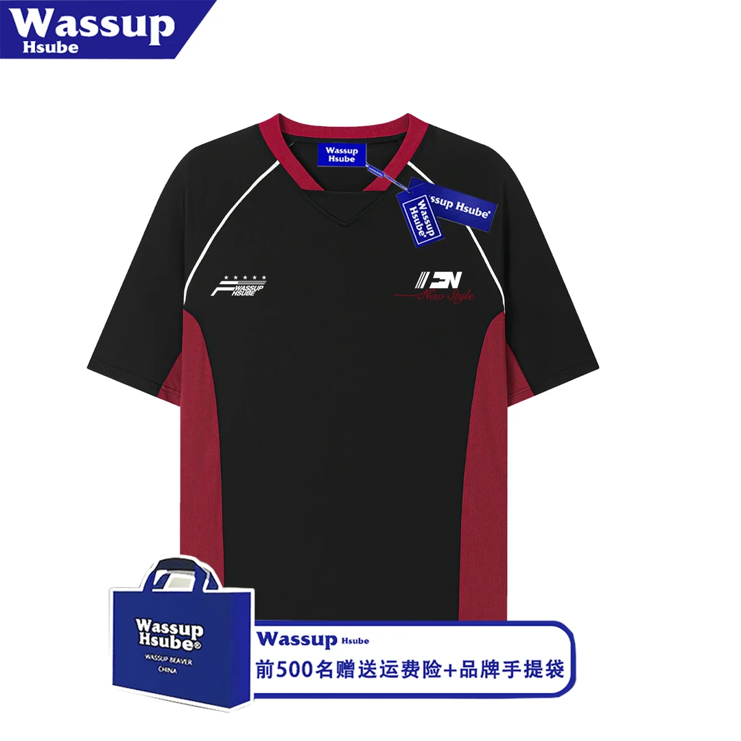 WASSUP HSUBE美式V领球衣风短袖T恤男女潮牌夏季运动情侣装半袖衫