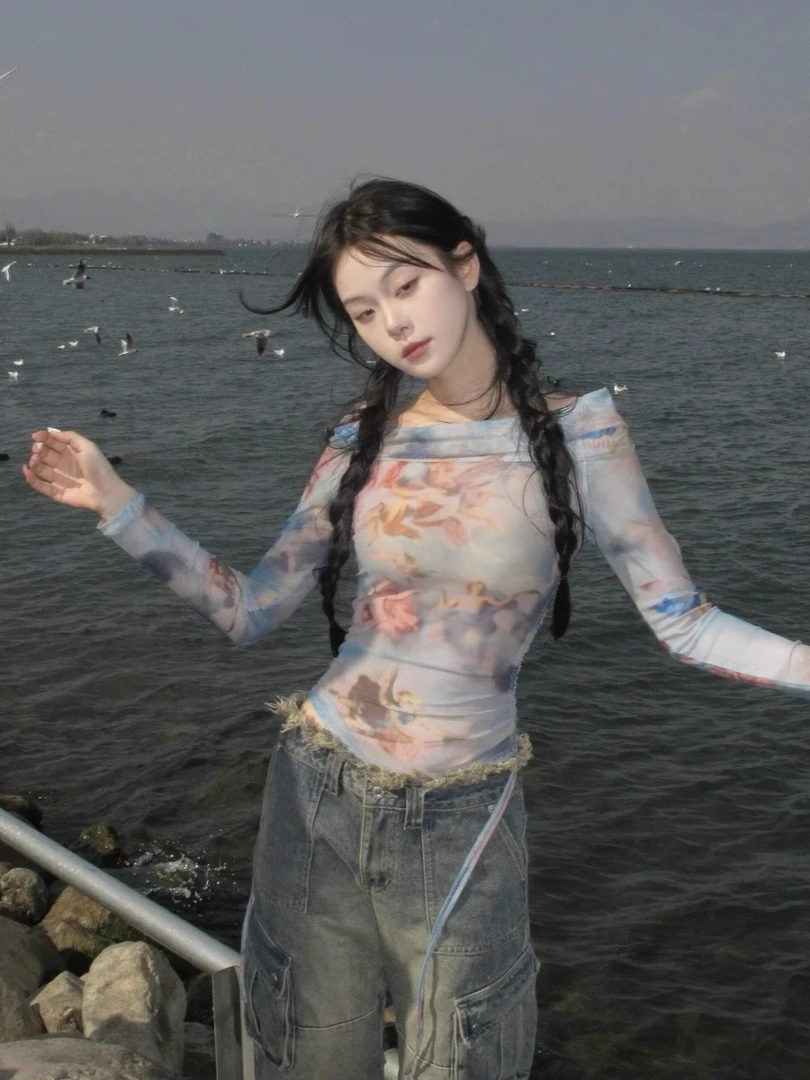 美式甜辣妹一字肩长袖t恤女春秋内搭打底衫2025新款短款紧身上衣