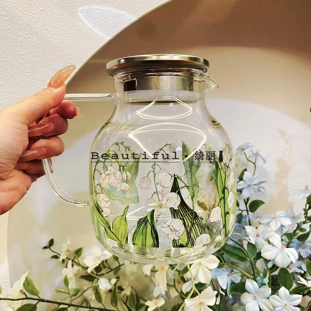 单只带盖-轻奢2L铃兰花水壶高硼硅大容量家用果汁壶可加热防锈