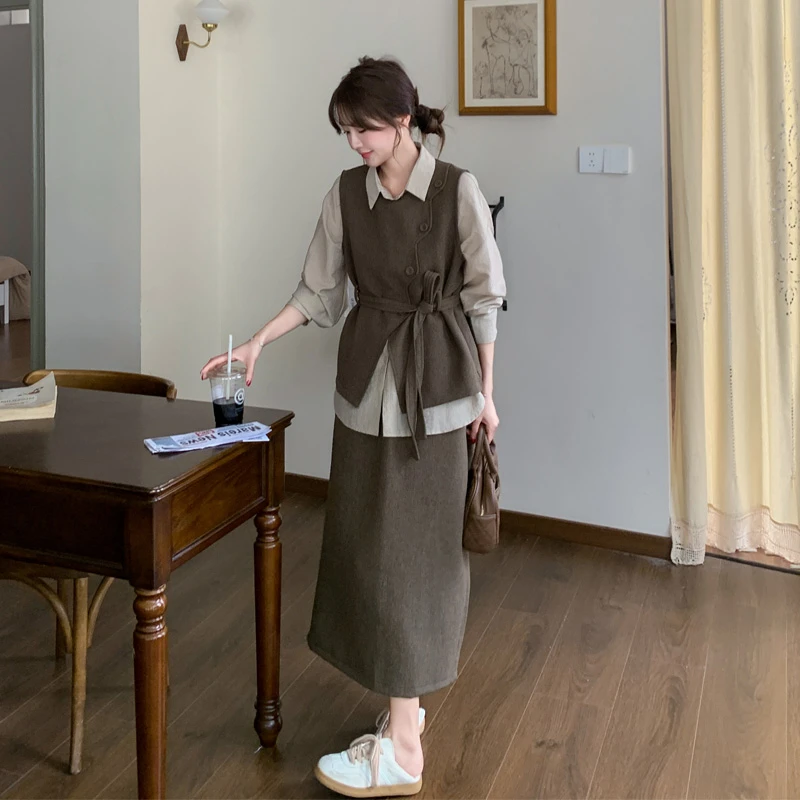 松弛感穿搭套装裙女2025早春新款通勤韩系慵懒风马甲衬衫半身裙潮