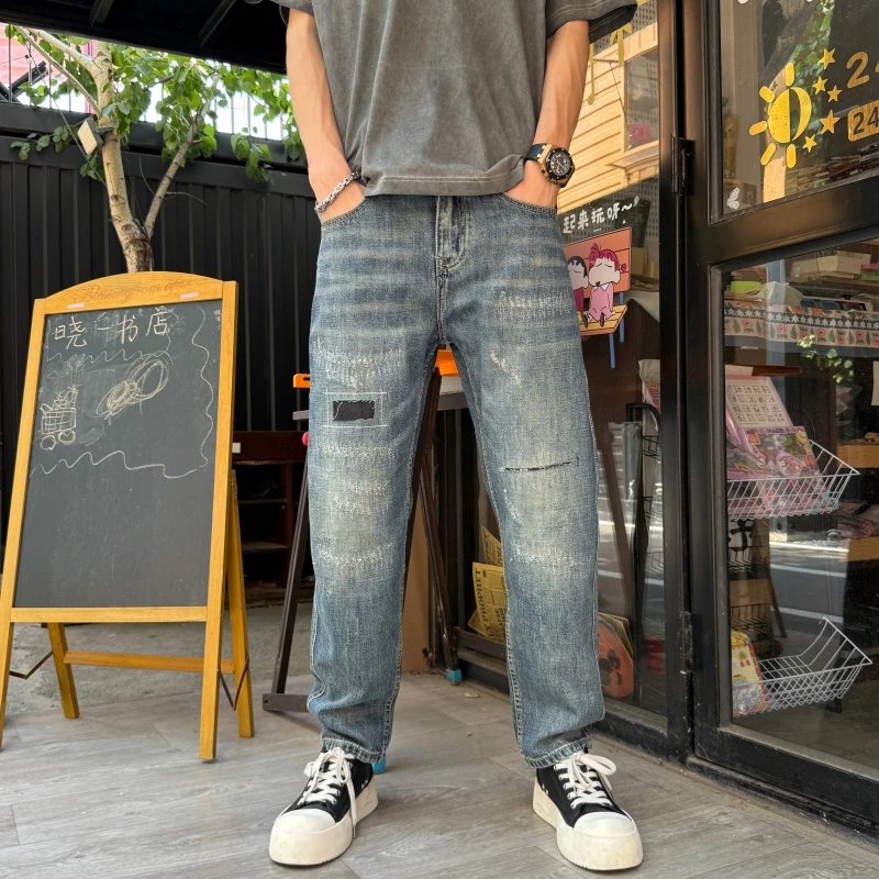 水洗舒适百搭弯刀裤新款秋冬男款补丁磨烂秋冬美式男款弯刀牛仔裤