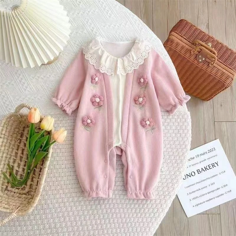 六朵花长袖连体婴儿衣服秋装新款女宝宝双层满月百天