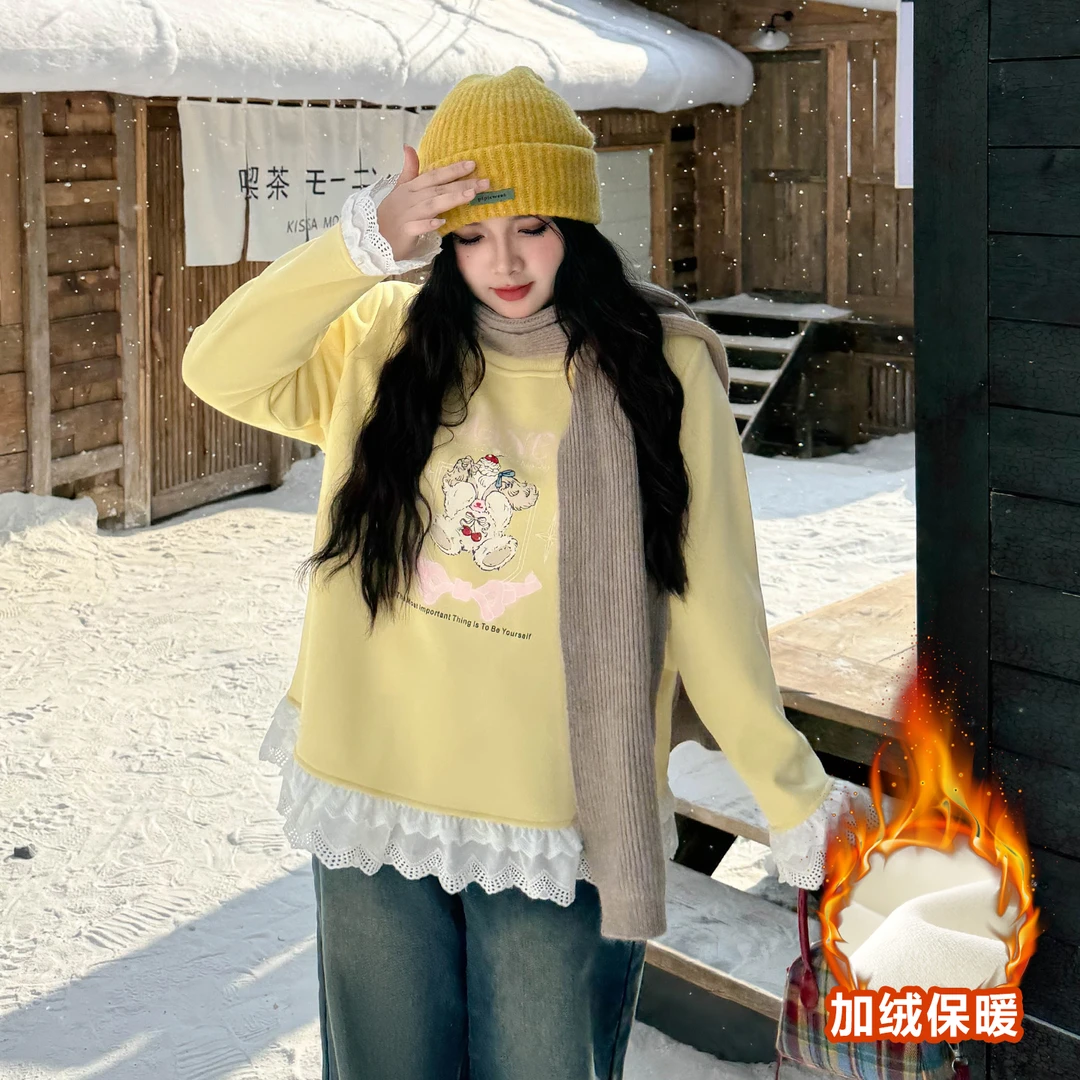 DD8449大码女装【童趣卡通卫衣】秋冬胖mm印花蕾丝拼接保暖加绒上衣