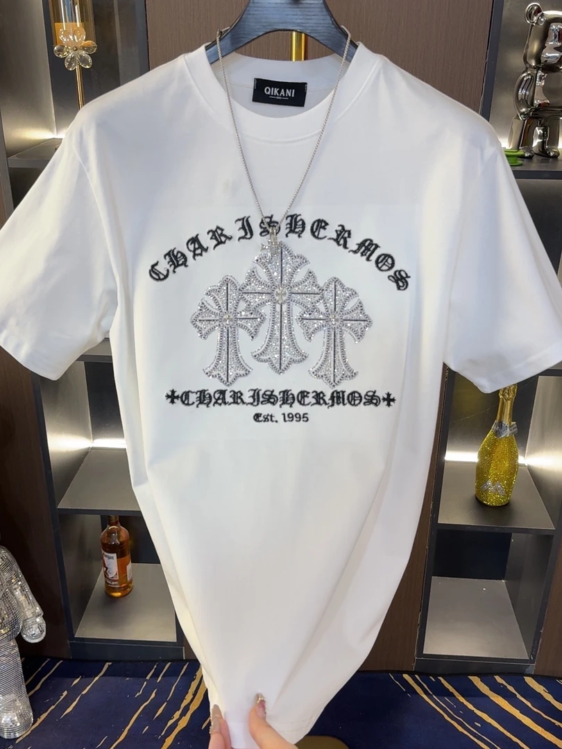 2025男士短袖T恤轻奢秋季烫钻休闲设计师穿搭潮流修身个性重工
