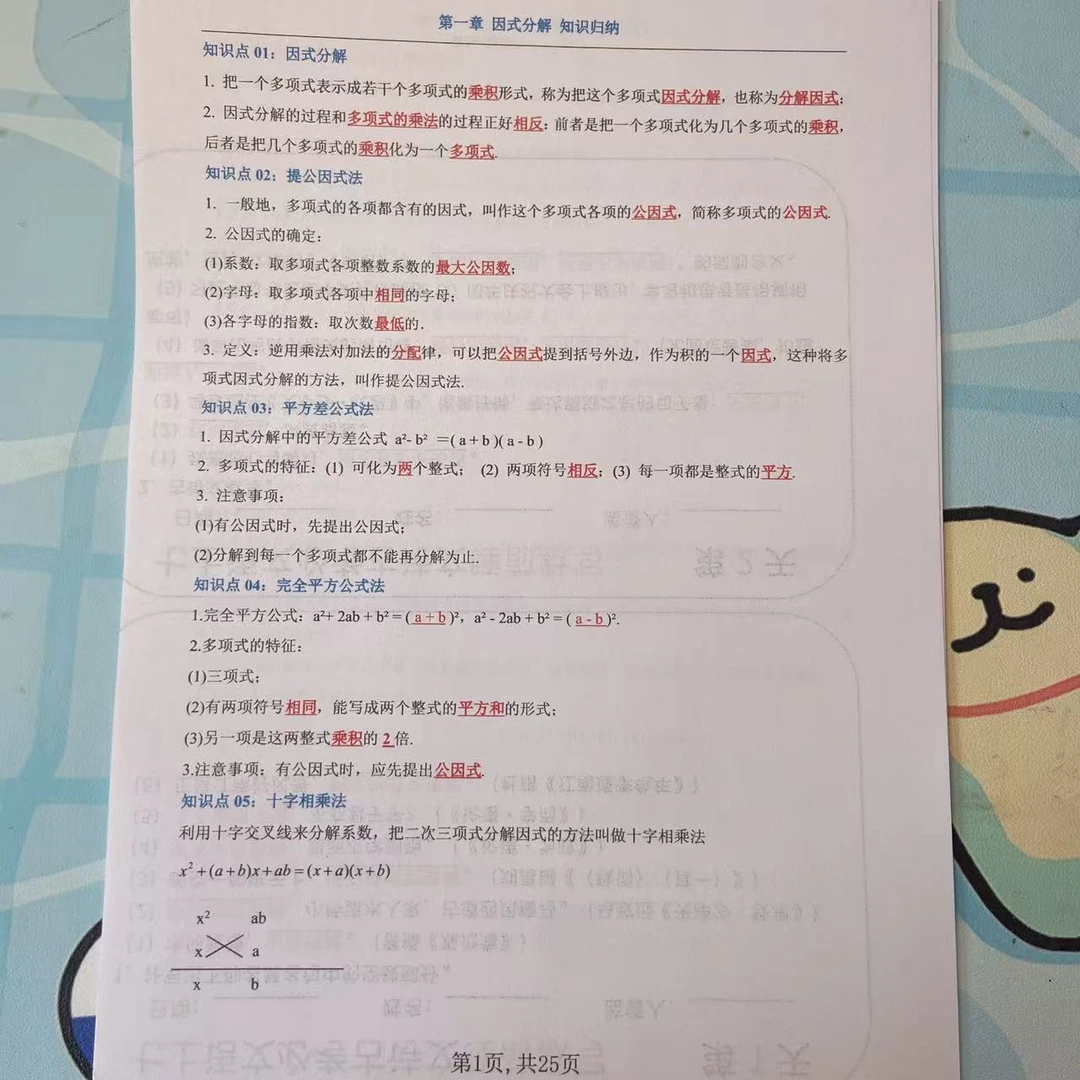 2025新八上数学湘教第1章 因式分解（知识归纳）加易错题归纳附解析