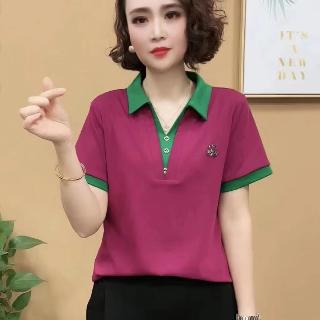 女士t恤短袖夏季薄款新款polo领大码翻领纯色宽松大码妈妈上衣女