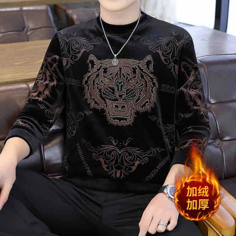 高档秋冬新款男士卫衣加绒加厚休闲圆领时尚长袖T恤丝绒打底上衣