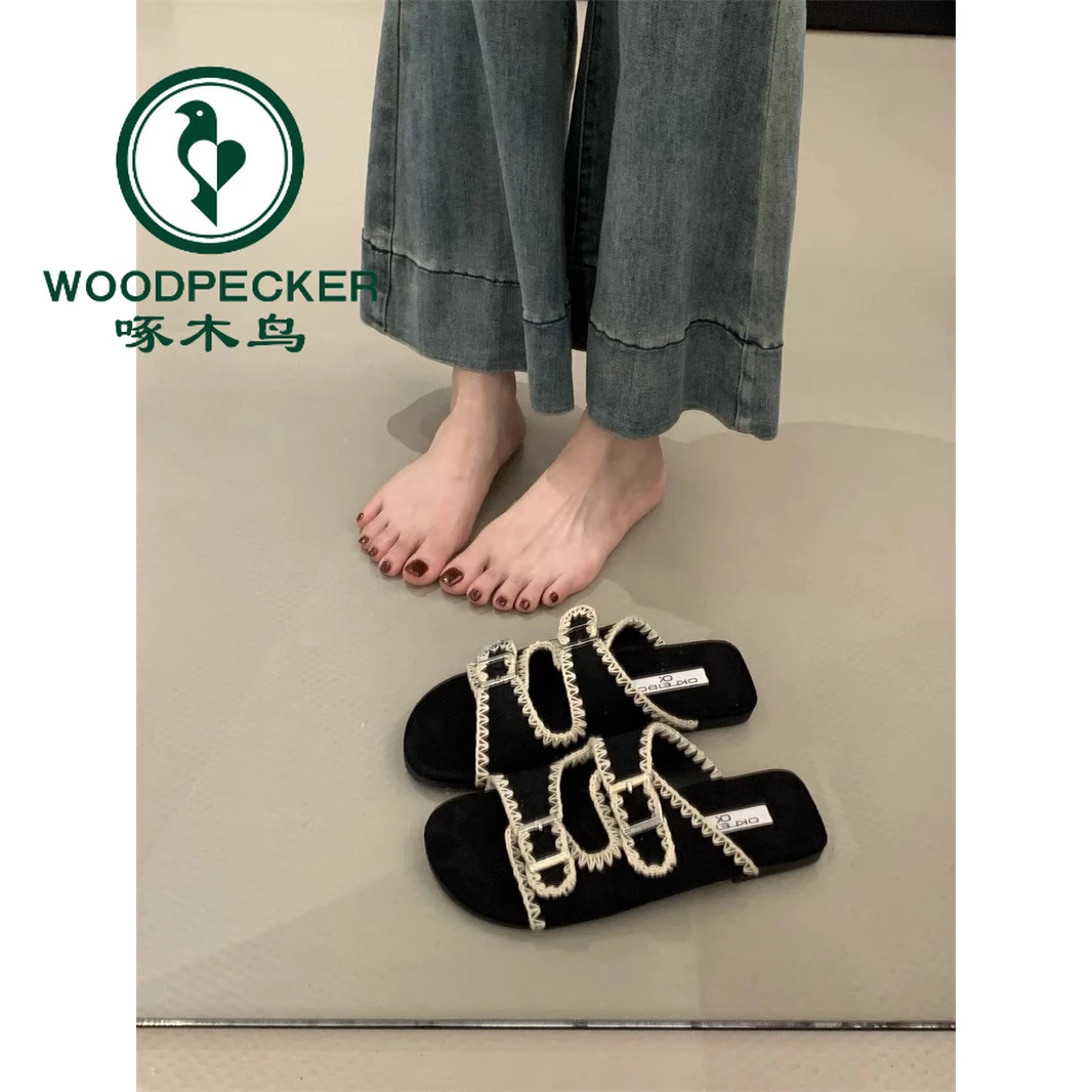 啄木鸟蕾丝勃肯凉拖女2025年新款夏季外穿防滑皮带扣一字拖沙滩鞋