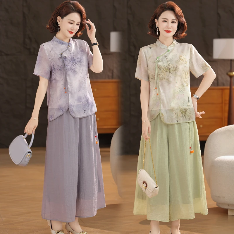 2025新款时尚妈妈装夏季短袖套装上衣裤子中老年女装洋气两件套薄