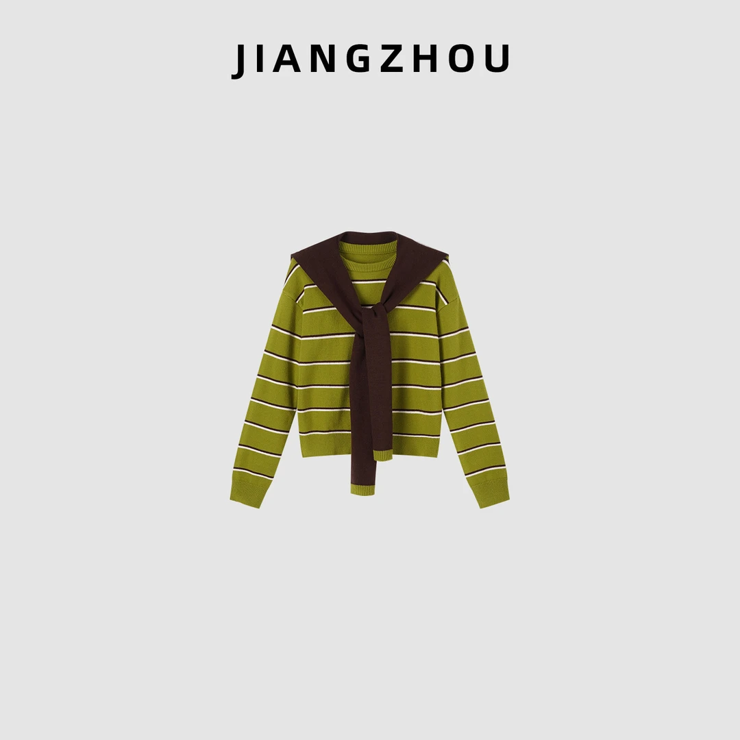 江洲【绿芜】秋冬新款洋气复古羊毛松弛感宽松显瘦撞色披肩针织上衣