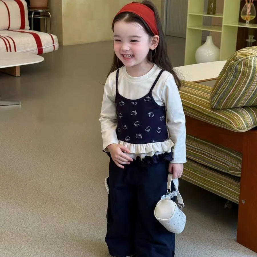 女童秋季套装2025新款儿童韩版卡通小猫吊带假两件T恤休闲长裤