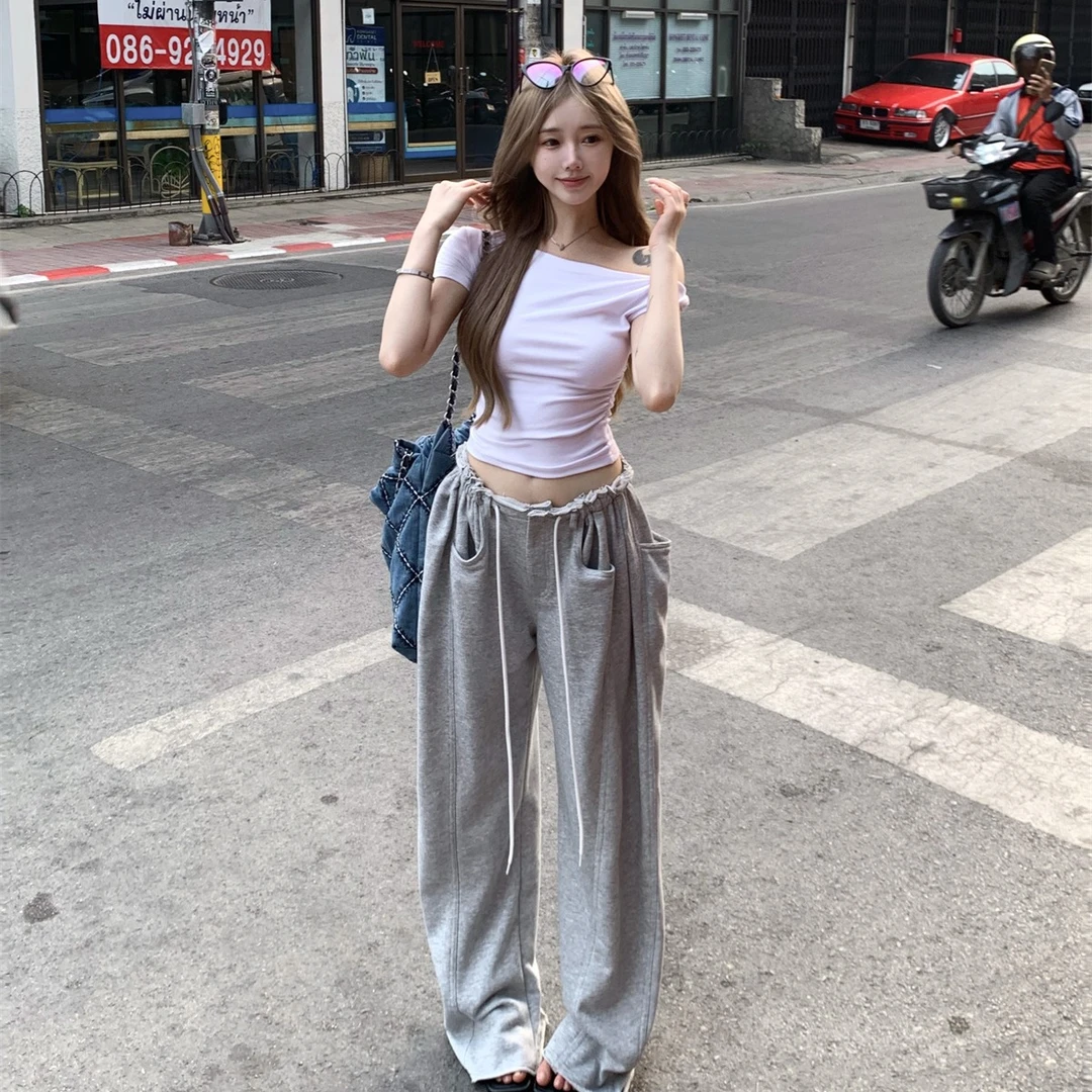 时尚抽绳灰色运动卫裤女夏季辣妹炸街休闲长裤宽松垂感阔腿拖地裤