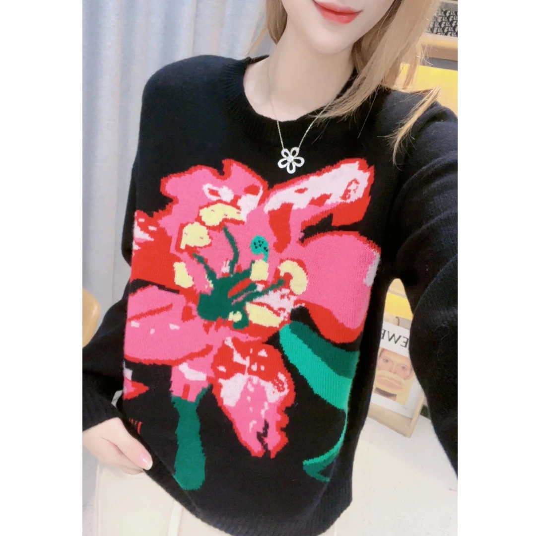 JL 【玫瑰大花朵提花全羊毛】秋季新款圆领针织衫减龄上衣-D