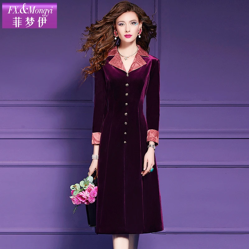 菲梦伊新款气质翻领修身显瘦A摆金丝绒连衣裙62171