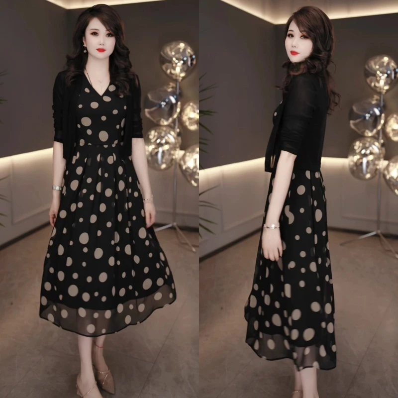 外衣+背心裙2025新款气质黑色清新女神范气质波点连衣裙M-4XL
