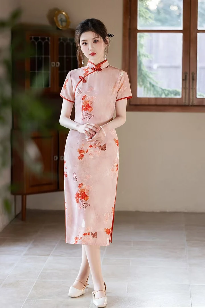 云汐旗袍2025新款双层红色显瘦少女中长款中长款修身时尚气质