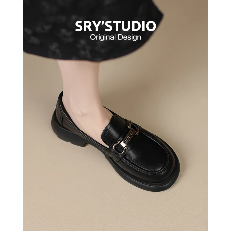K1153牛皮气质时尚乐福鞋2025春秋黑色英伦风女士一脚蹬百搭女鞋