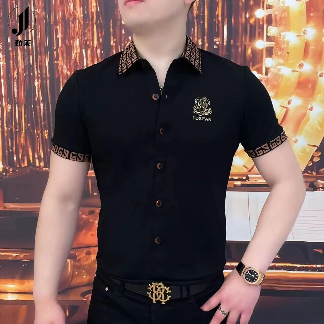 劲莱潮牌半拉链立领痞帅T恤衫新款冰丝短袖夏男青年烫钻凉感上衣