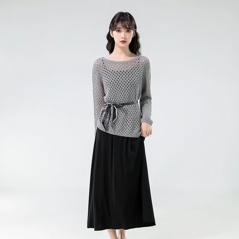 秋季时尚气质显瘦收腰镂空长袖针织罩衫上衣吊带背心连衣裙两件套