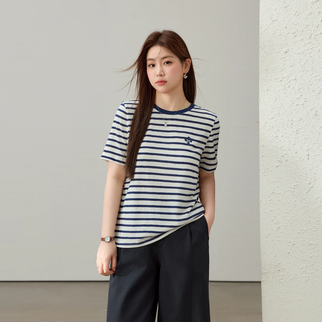 【时尚条纹T恤】纤莉秀E大码女装潮流简约圆领百搭短袖T恤QK2058