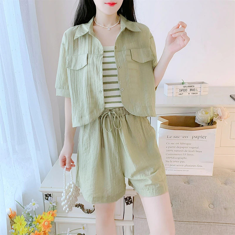 韩版三件套装女2025年夏季新款短袖衬衫条纹小众吊带背心抽绳短裤