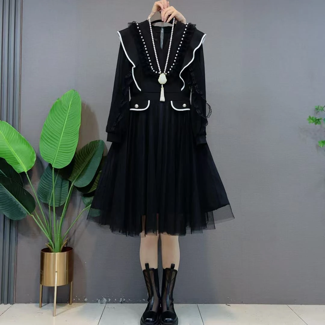 欧货新款洋气时尚连衣裙韩版大码V领网纱钉珠木耳边气质长裙子