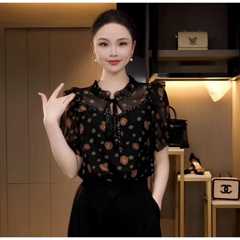 法式高级气质女人洋气衬衫轻薄透气时尚短袖衬衣显瘦打底小衫外搭