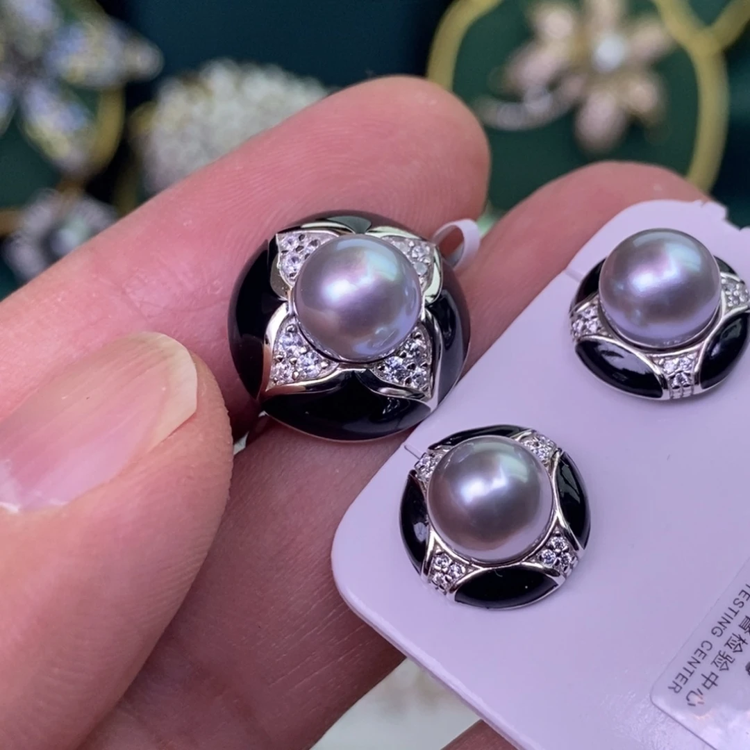 银S925镶嵌耳饰海水珍珠套装