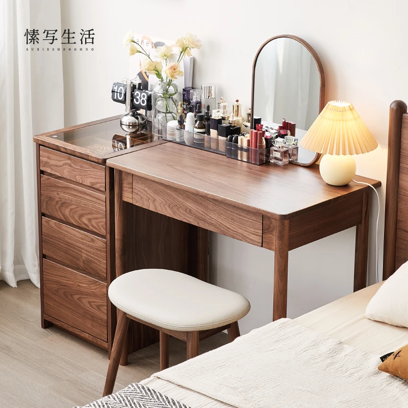 黑胡桃木梳妆台卧室家具实木妆台小型收纳柜一体化妆桌现代简约