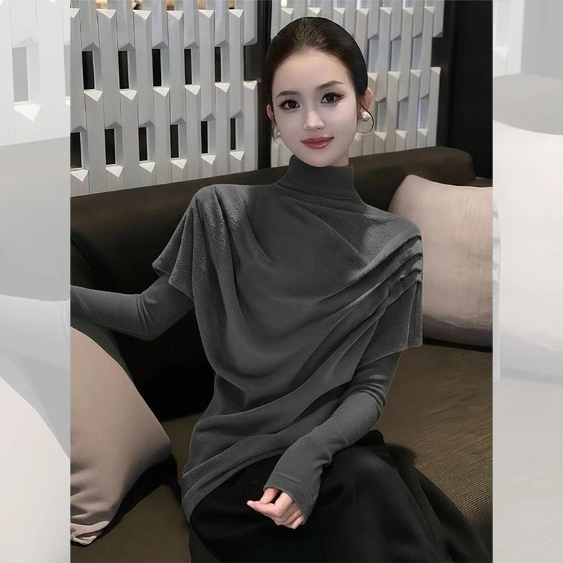 别致独特漂亮半高领小衫灰色假两件长袖t恤打底衫女秋冬内搭上衣