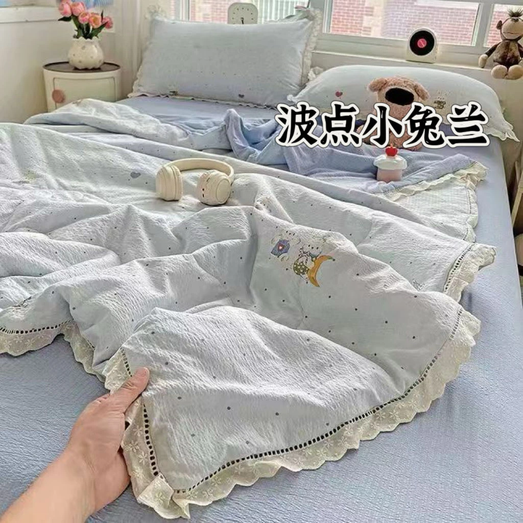 夏凉被四件套吸汗木棉皱皱纱夹棉毛毯床单清凉床品套件秋季耐磨3