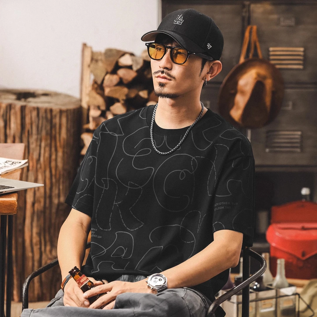 美式复古高级感短袖t恤男夏季新款潮牌设计感印花体恤男宽松上衣