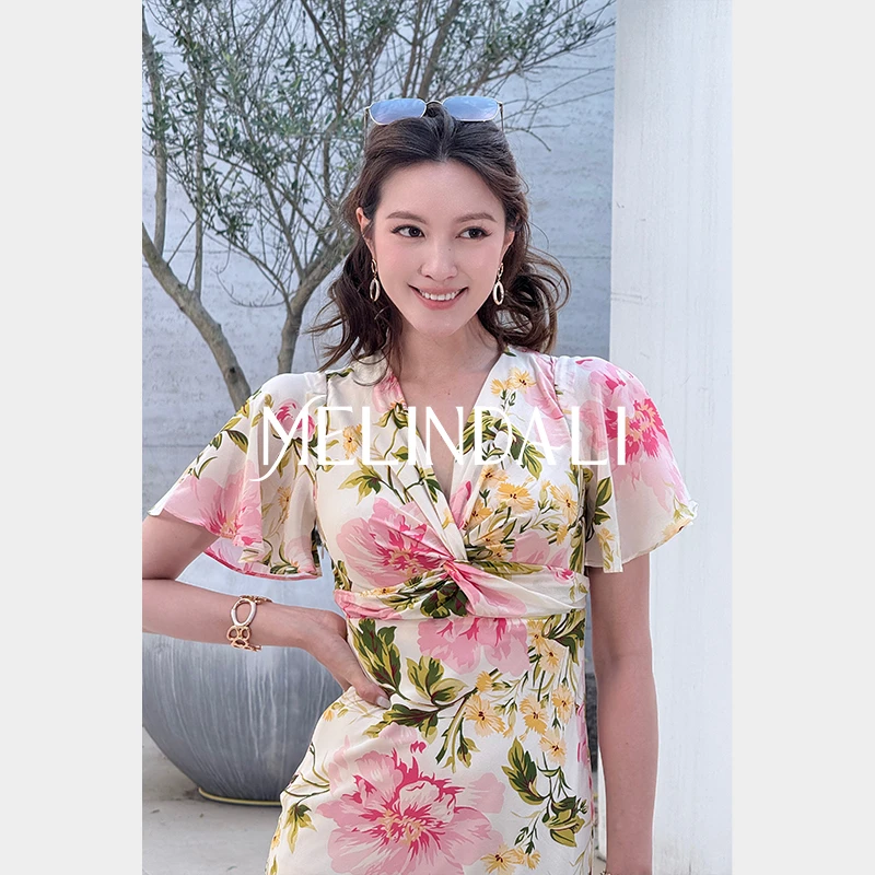Melinda Li【玫瑰午后】重磅16姆米100桑蚕丝印花扭结V领收腰连衣裙