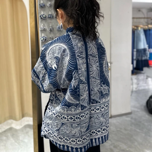 手工蜡染拼接民族风宽袖对襟短款加棉外套复古百搭