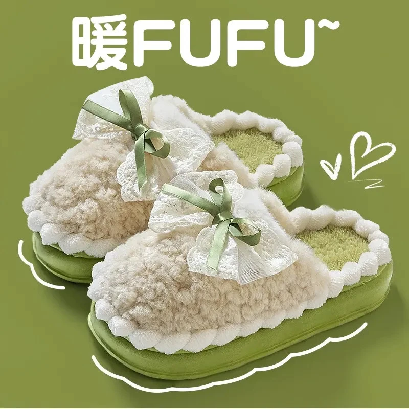 蝴蝶结毛绒拖鞋女冬季2025新款室内居家用厚底加绒保暖毛绒拖冬天