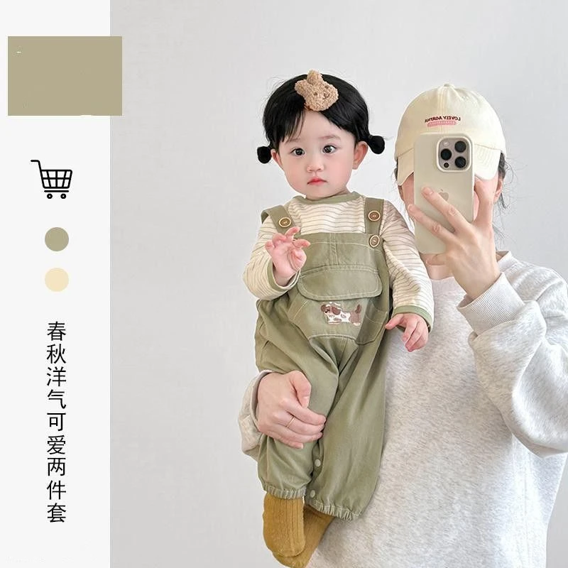 宝宝套装春秋超萌背带裤条纹上衣婴儿春季衣服可爱外出服春装新款