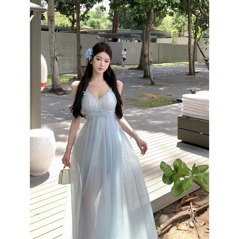 法式气质纯欲性感V领绝美胸垫碎钻收腰显瘦吊带连衣裙网纱长裙女