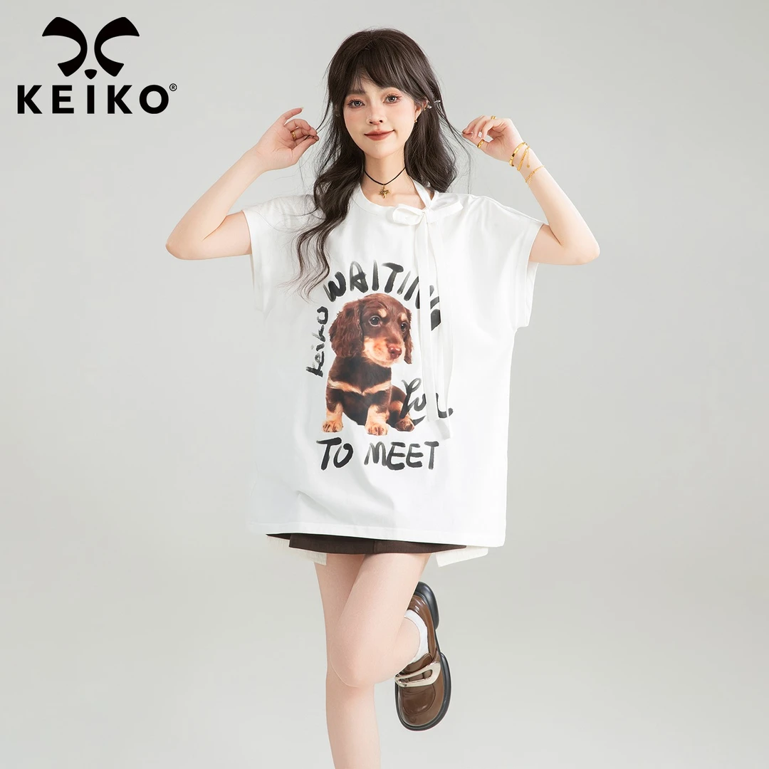 KEIKO美式小狗印花白色短袖t恤夏季设计感蝴蝶结系带正肩凉感上衣