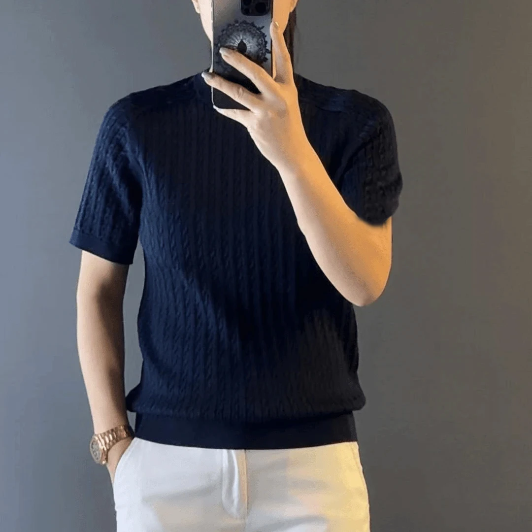 欧洲站夏季男士针织亲肤圆领T恤休闲潮流高级马鞍肩扭花针织短袖