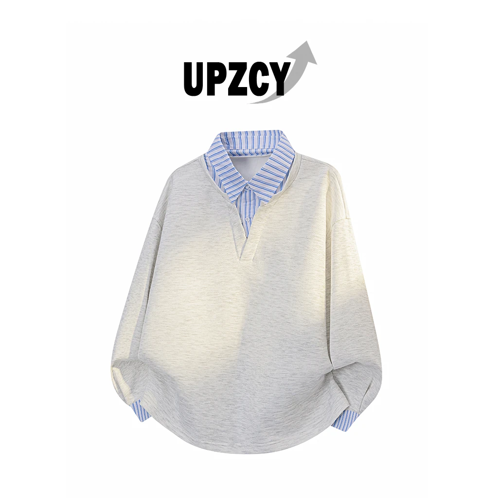 UPZCY假两件翻领卫衣男春秋美式拼接百搭宽松休闲上衣高级感男装