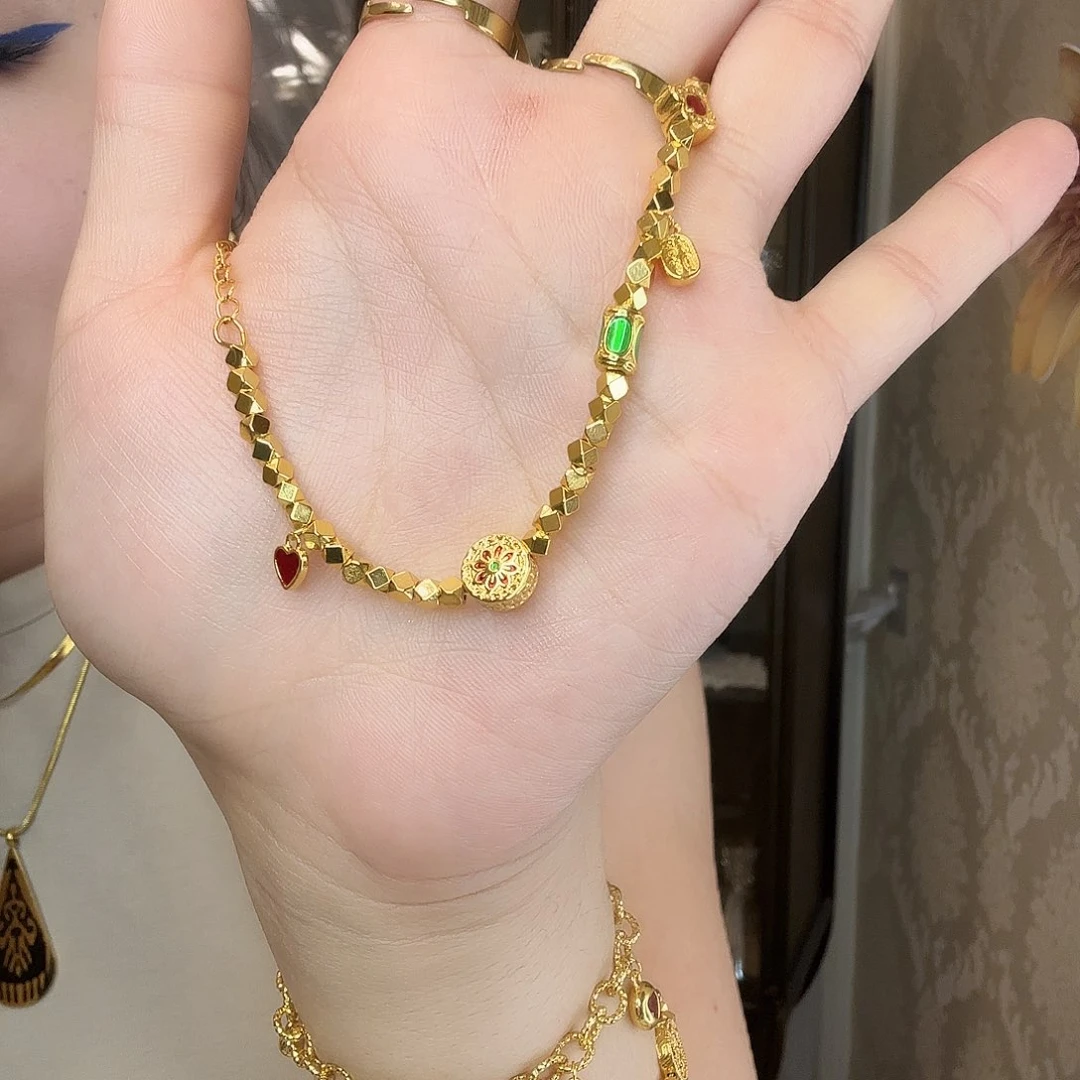 石英石铁合金绿金色古法手链54345