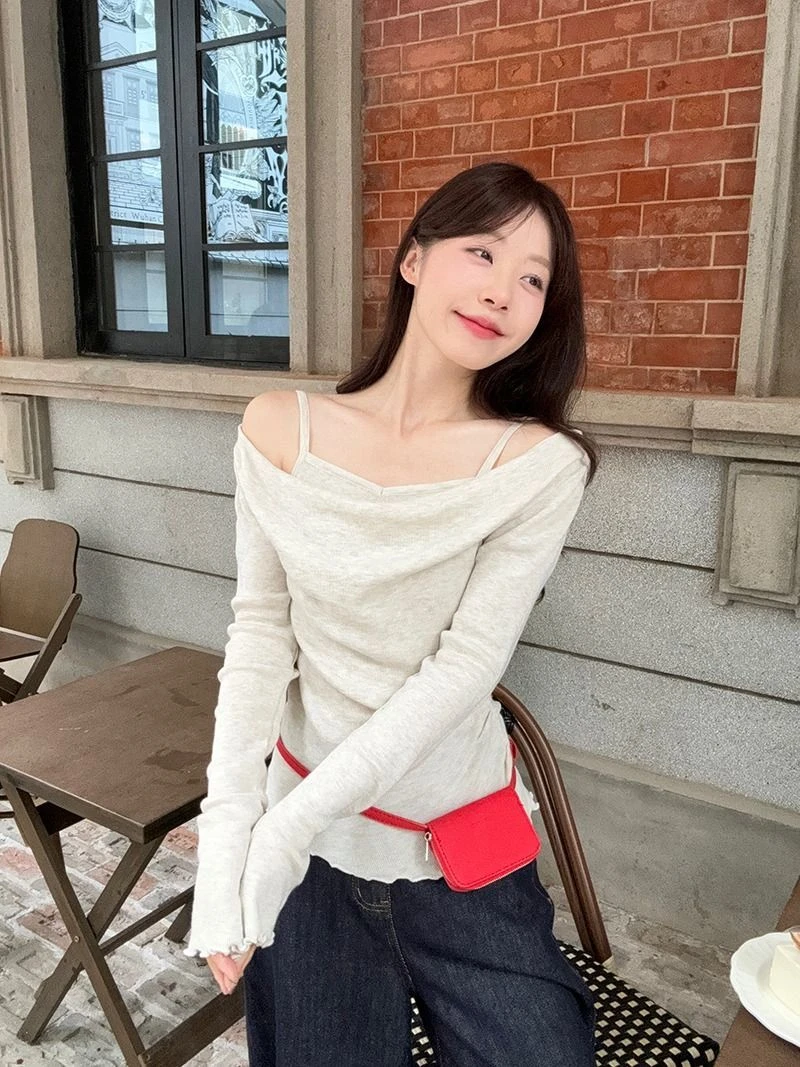 春秋百搭老钱风女装吊带肩长袖T恤韩式设计感露肩ins气质性感上衣