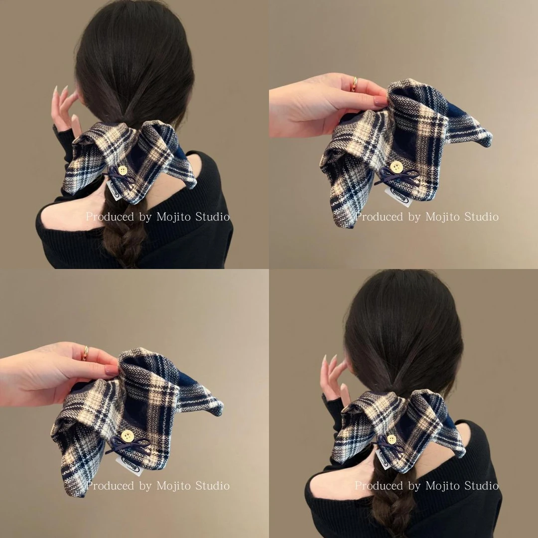 英伦旧梦~复古方格纽扣蝴蝶结方巾发圈韩系高级感扎发绳气质皮筋