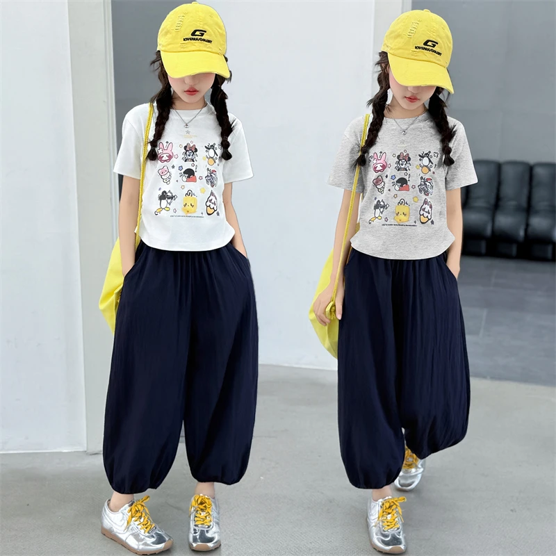 女童夏装短袖灯笼裤两件套2025新款中大童洋气时髦休闲洋气套装潮