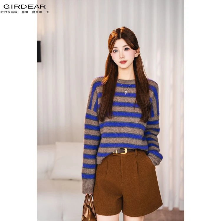 GIRDEAR/哥弟秋冬新款时尚百搭极简风条纹毛衣长袖毛针织衫138105
