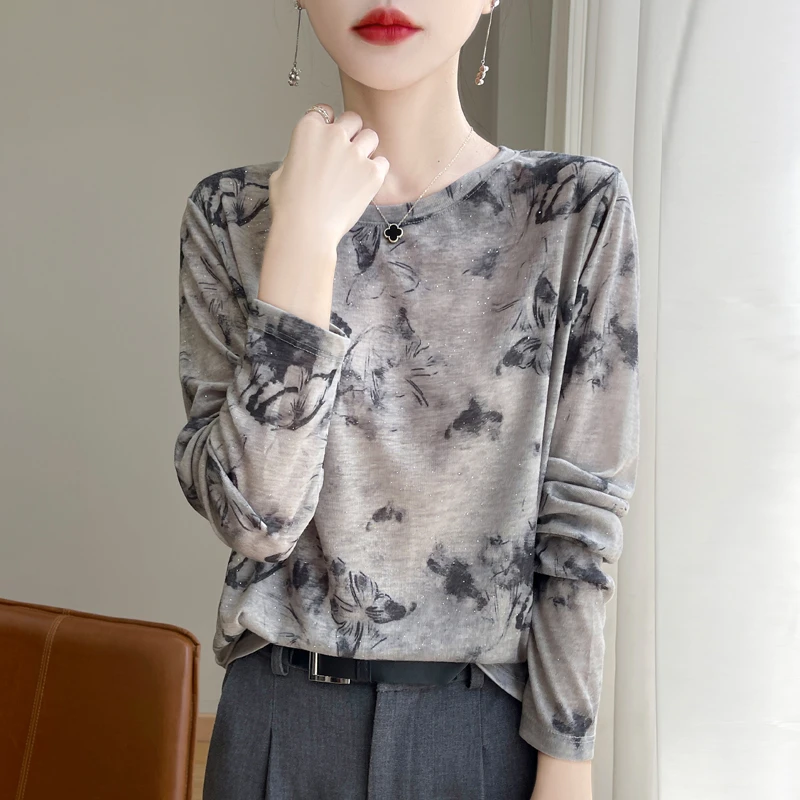 【奥莱撤柜】哥家清仓水墨蝴蝶印花T恤女春夏薄款宽松圆领防晒罩衫